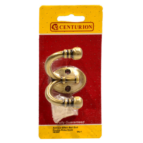 Ball End Double Robe Hook - Antique Brass - Pack Qty 1
