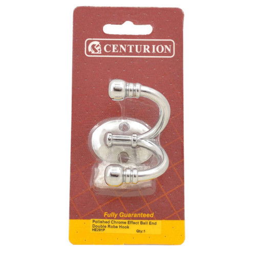 Premium Ball End Double Robe Hook - Chrome Plated - Pack Qty 1