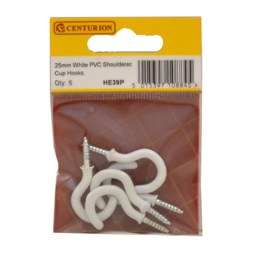 25mm White PVC Shouldered Cup Hooks (Pack of 5)