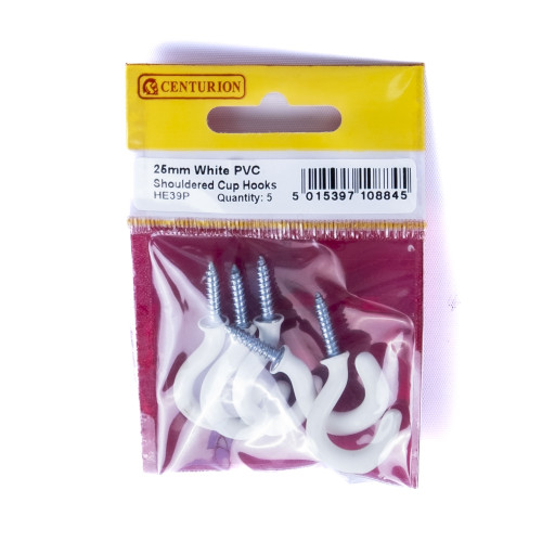 25mm White PVC Shouldered Cup Hooks (Pack of 5)