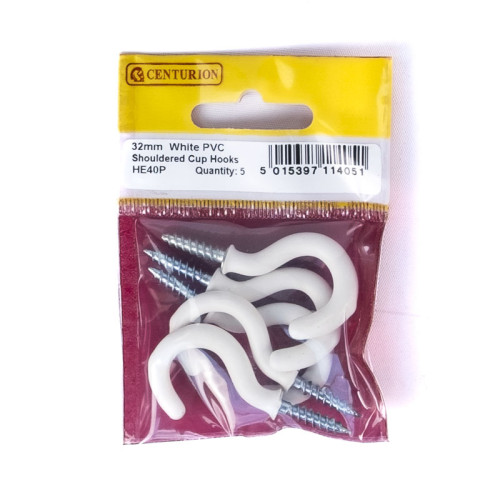 32mm White PVC Shouldered Cup Hooks (Pack of 5)