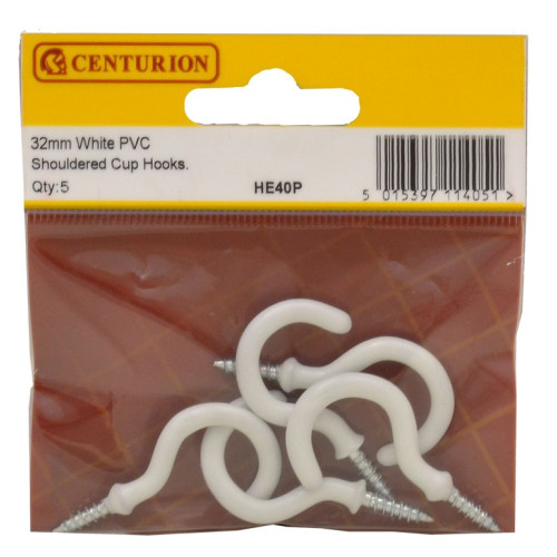 32mm White PVC Shouldered Cup Hooks (Pack of 5)