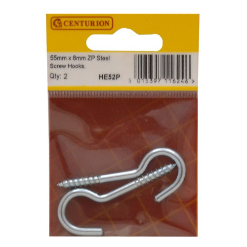 Steel Screw Hooks - Zinc Plated - 55mm x 8mm - (Pack of 2)