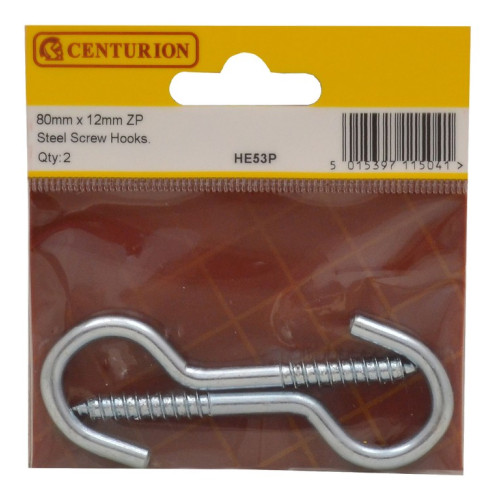 Centurion Steel Screw Hooks, 80mm x 12mm, Zinc Plated