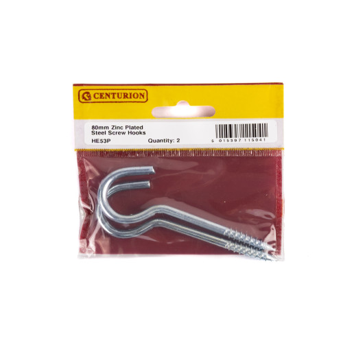 Steel Screw Hooks - Zinc Plated - 80mm x 5mm - (Pack of 2)
