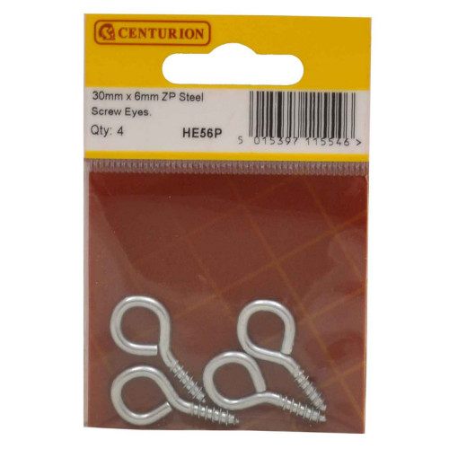 Steel Screw Eyes - Zinc Plated - 30mm x 3mm - (Pack of 4)