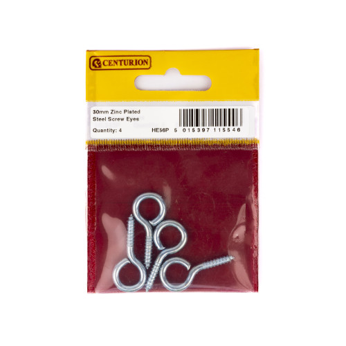 Steel Screw Eyes - Zinc Plated - 30mm x 3mm - (Pack of 4)