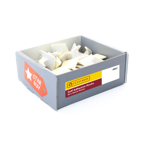 Display Box Deal - 100 No. 30mm x 30mm Plastic Self Adhesive Hooks (Made to Order)