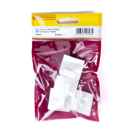 30mm x 30mm Plastic Self Adhesive Hooks (Pack of 4)