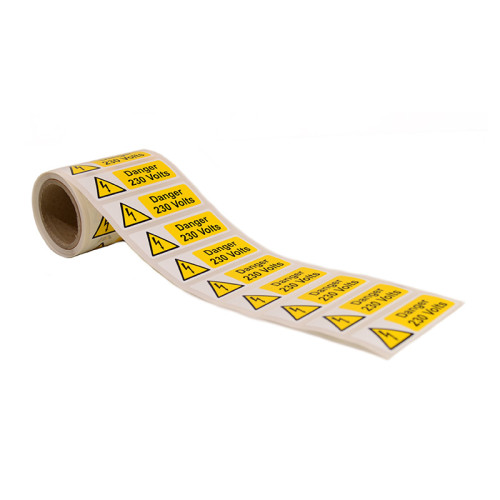 'Danger 230 Volts' Labels, Self-Adhesive Vinyl, (75mm x 25mm) (Roll of 250 )
