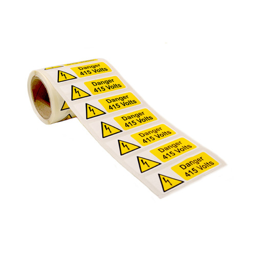 'Danger 415 Volts' Labels, Self-Adhesive Vinyl, (75mm x 25mm) (Roll of 250)