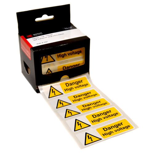 'Danger High Voltage' Labels, Self-Adhesive Vinyl, (75mm x 25mm) (Roll of 250)
