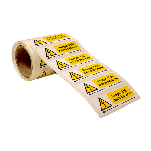 'Danger 415 Volts Exists Between (Arrows)' Labels, Self-Adhesive Vinyl, (75mm x 25mm) (Roll of 250)