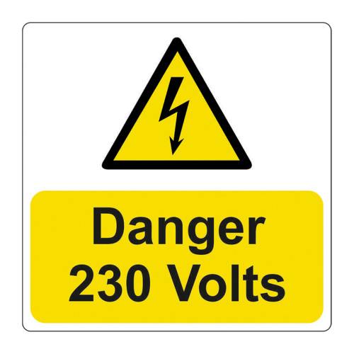 'Danger 230 Volts' Labels, Self-Adhesive Vinyl, (75mm x 75mm) (Pack of 25)