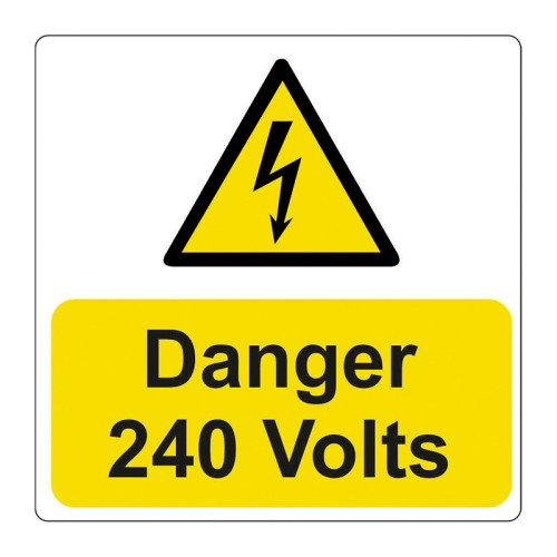 'Danger 240 Volts' Labels, Self-Adhesive Vinyl, (75mm x 75mm) (Roll of 100)