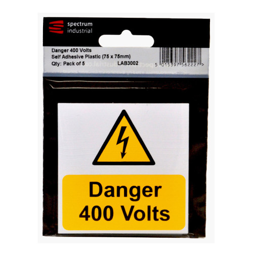 'Danger 400 Volts' Labels, Self-Adhesive Vinyl, (75mm x 75mm) (Pack of 25)