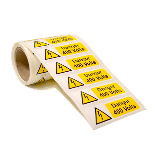 'Danger 400 Volts' Labels, Self-Adhesive Vinyl, (75mm x 25mm) (Roll of 100)