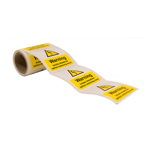 'Warning Isolate Elsewhere' Labels, Self-Adhesive Vinyl, (75mm x 75mm) (Roll of 100) 1