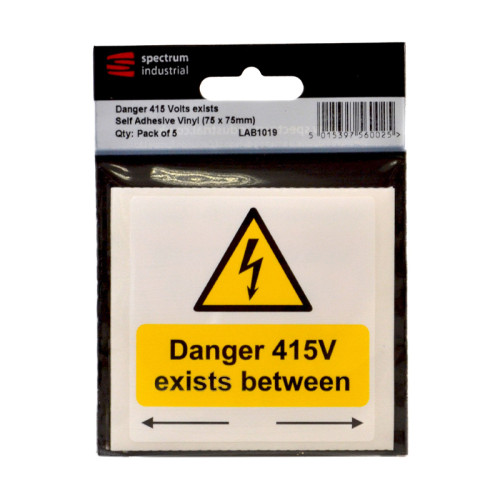 'Danger 415 Volts Exists Between (Arrows)' Labels, Self-Adhesive Vinyl, (75mm x 75mm) (Pack of 25)