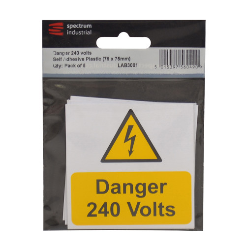 Danger 240 volts - Pack of 5 1.2mm Recyclable PP (75 x 75mm)
