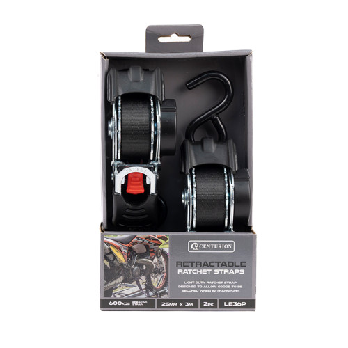 Retractable Ratchet Tie Down - 600kg Breaking Strength - 3m Length - 25mm Width