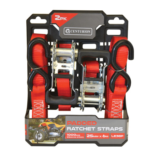 Padded Ratchet Tie Down - 1000kg Breaking Strength - 6m - Retail Twin Pack