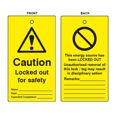 'Caution Locked Out For Safety' Lockout Tag (Double Sided, 10 Pack)