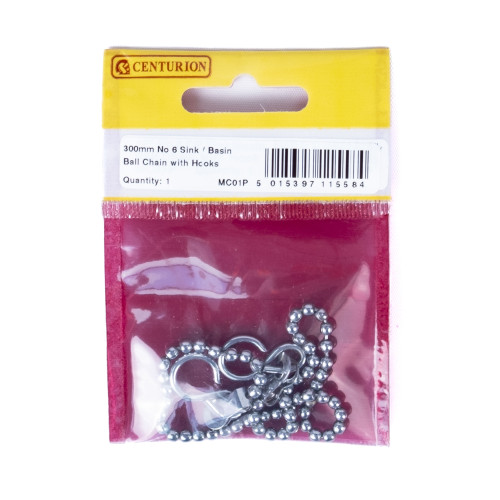 Sink Ball Chain With Hooks, Chrome Plated, 300mm, No.6
