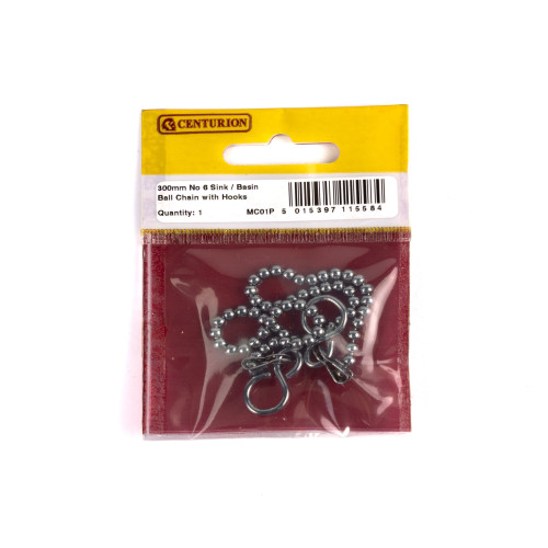 Sink Ball Chain With Hooks, Chrome Plated, 300mm, No.6