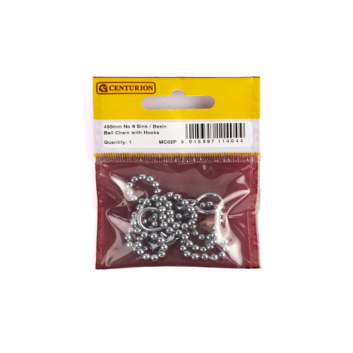 Sink Ball Chain With Hooks, Chrome Plated, 450mm, No.6