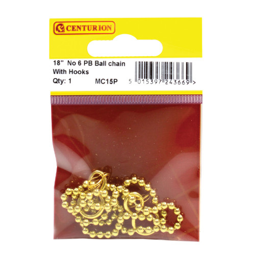 Sink Ball Chain With Hooks, Polished Brass, 450mm, No.6