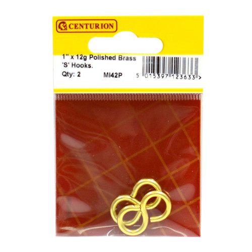 Solid Brass Ess Hook, Polished Brass, 2.5mm x 25mm, 12g