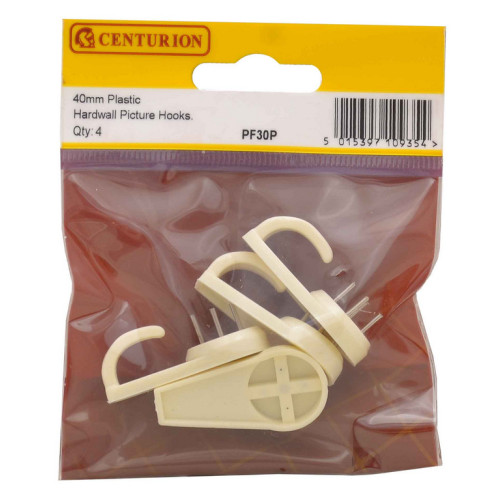 40mm Plastic Hard Wall Picture Hooks (Pack of 4)