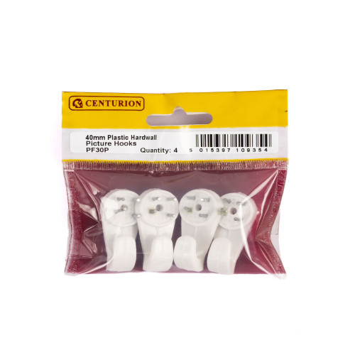 40mm Plastic Hard Wall Picture Hooks (Pack of 4)