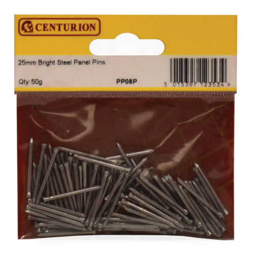 Centurion Bright Steel Panel Pins, 25mm x 1mm, Bright Zinc Plated