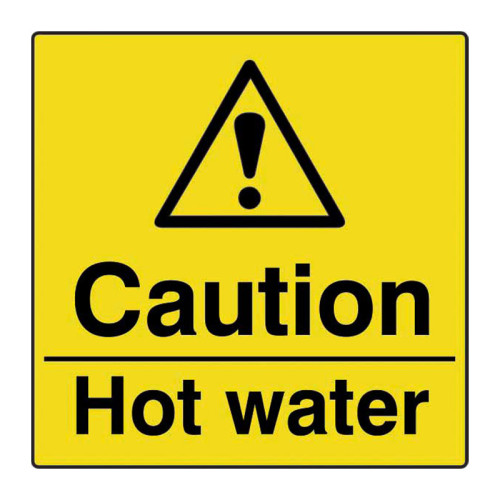 'Caution Hot Water' Labels, Self-Adhesive Vinyl, (50mm x 50mm) (Roll of 250)