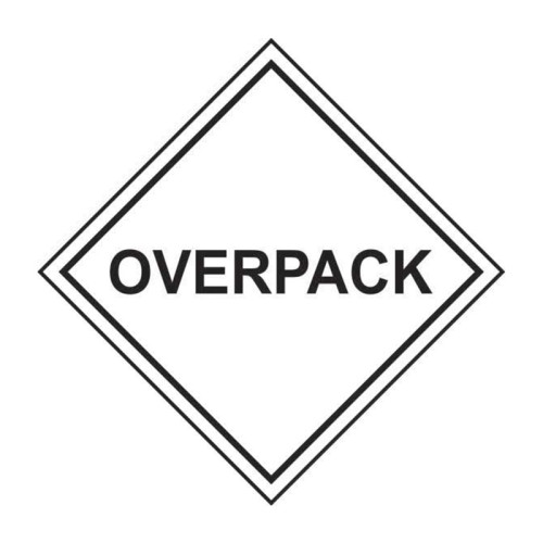 'Overpack' Labels, Laminated Polypropylene, (100mm x 100mm) (Roll of 250)