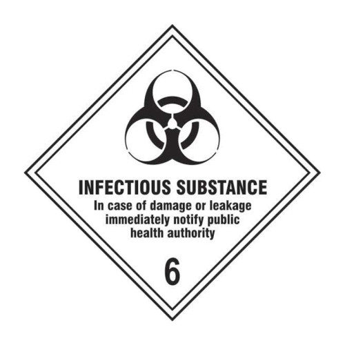 'Infectious Substance 6' Labels, Laminated Polypropylene, (250mm x 250mm) (Pack of 10)