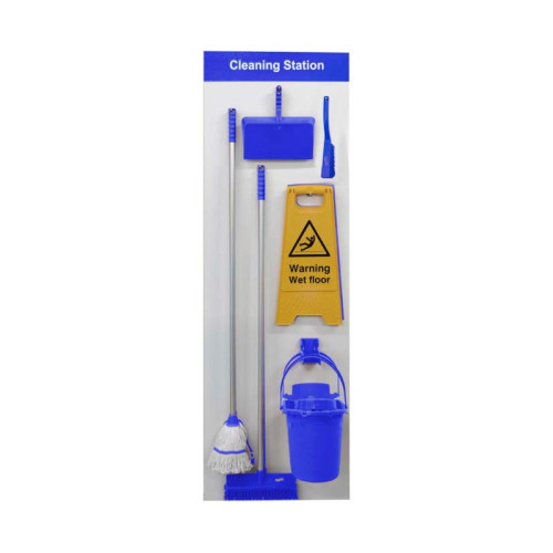 Shadow Board Cleaning Station With Stainless Steel Hooks and Stocked, Style B Blue, (600mm x 2000mm)