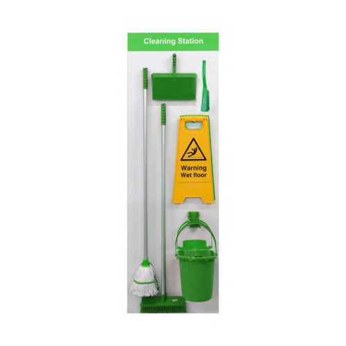 Shadow Board Cleaning Station With Stainless Steel Hooks and Stocked, Style B Green, (600mm x 2000mm)