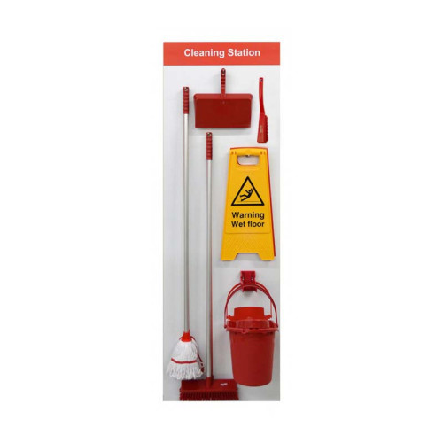 Shadow Board Cleaning Station With Stainless Steel Hooks and Stocked, Style B Red, (600mm x 2000mm)