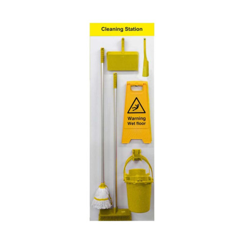 Shadow Board Cleaning Station With Stainless Steel Hooks and Stocked, Style B Yellow, (600mm x 2000mm)