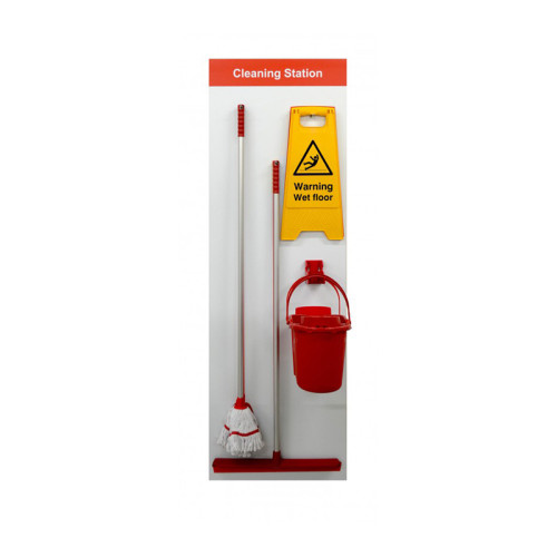 Shadow Board Cleaning Station With Stainless Steel Hooks and Stocked, Style C Red, (650mm x 2000mm)