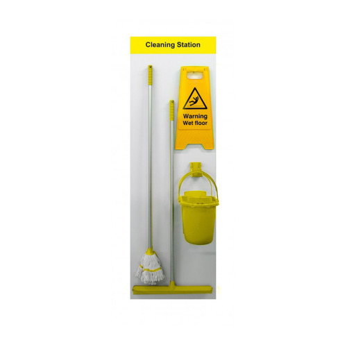 Shadow Board Cleaning Station With Stainless Steel Hooks and Stocked, Style C Yellow, (650mm x 2000mm)