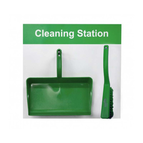 Shadow Board Cleaning Station With Stainless Steel Hooks and Stocked, Style D Green, (490mm x 470mm)