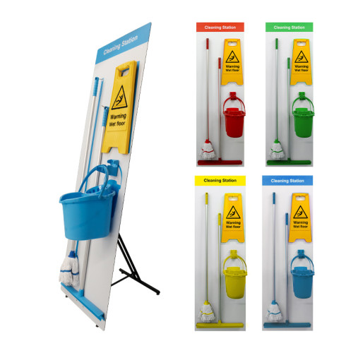 Shadow Board Cleaning Station With Lean Stand, Stocked With Hooks, Style C Yellow, (650mm x 2000mm)