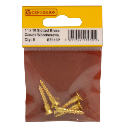 1" x 10 Slotted Brass Woodscrew - Countersunk Head - (Pack of 5)