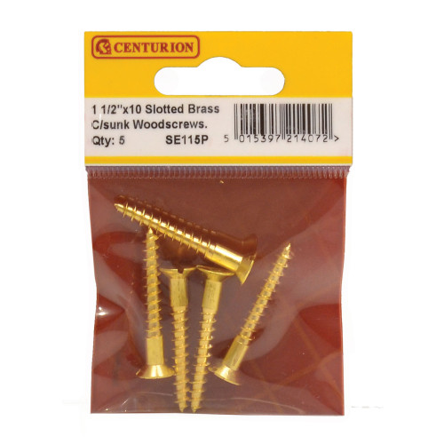 1 1/2" x 10 SC Slotted Brass Woodscrews with Countersunk Head (Pack of 5)