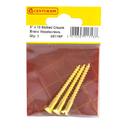 2" x 10 Slotted Brass Woodscrew - Countersunk Head - (Pack of 3)