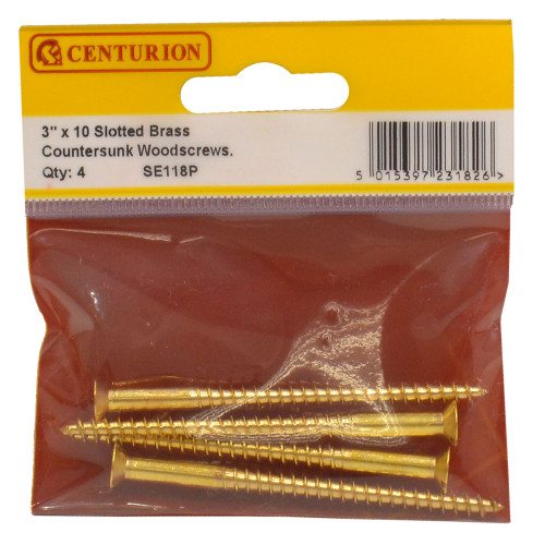 3" x 10 Slotted Brass Woodscrew - Countersunk Head - (Pack of 4)